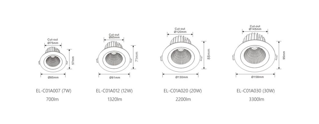 Aluminum Flicker Free Adjustable COB LED Downlight EL-C01A007 EL-C01A012 EL-C01A020